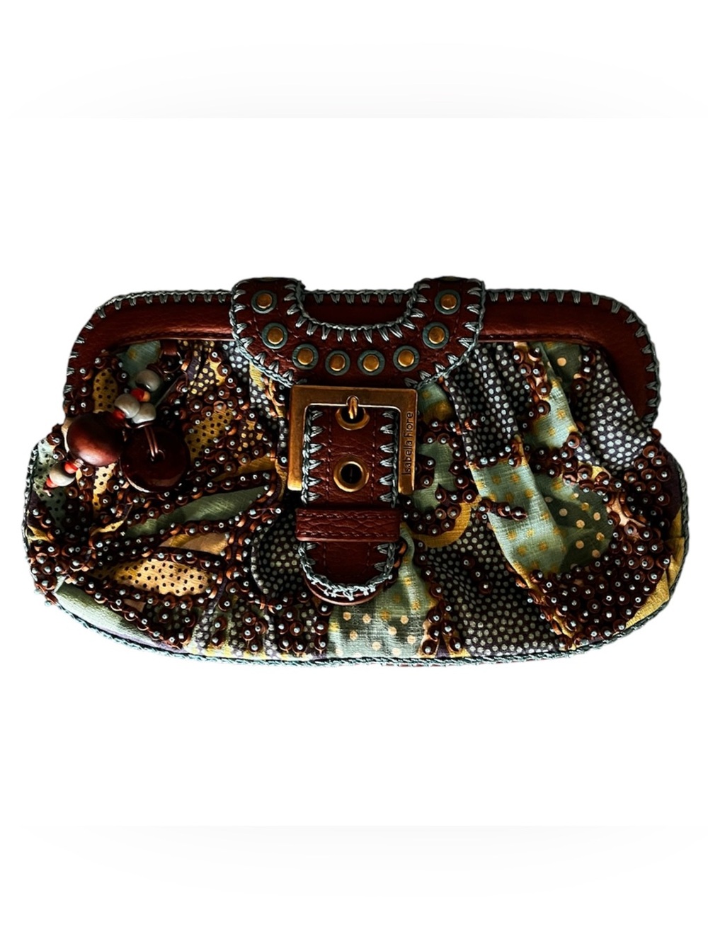 Isabella Fiore Embellished Brown Leather & Multicolor Beaded Women’s Clutch